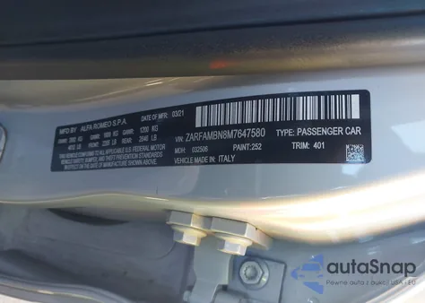 2021 Alfa Romeo Giulia Ti Sport Rwd z USA, uszkodzony, nr VIN ZARFAMBN8M7647580